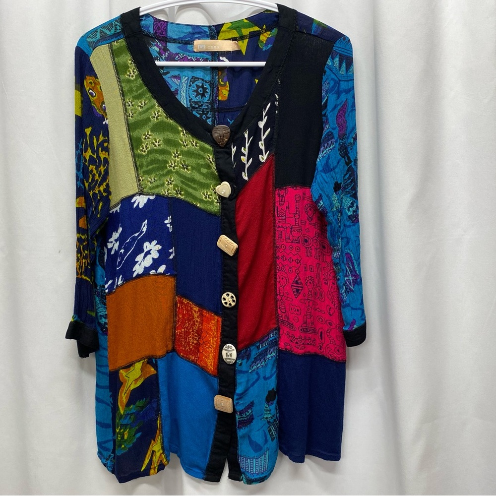La Cera patchwork shirt women's size small blouse top colorful artsy
